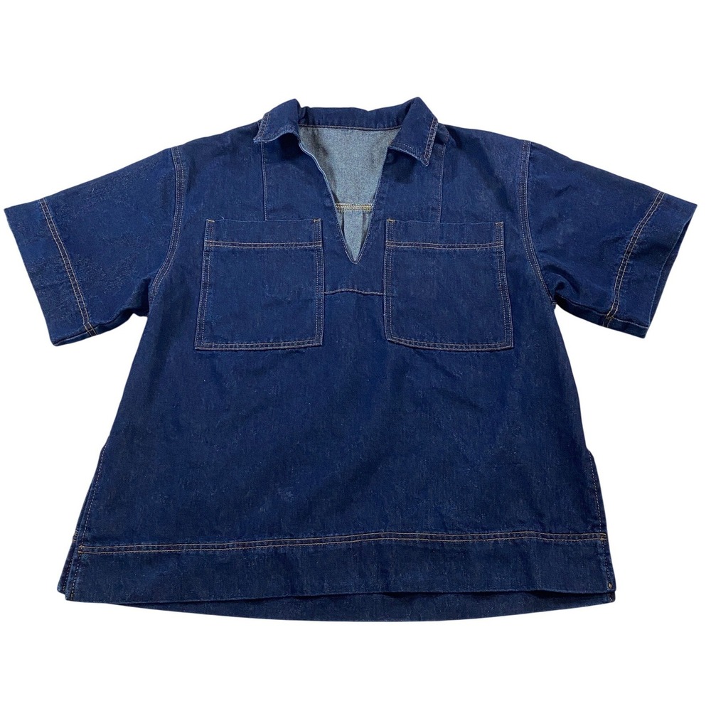Womens XL Dark Wash Denim Utility Top Tunic Chambray Short Sleeve V-Neck Pockets